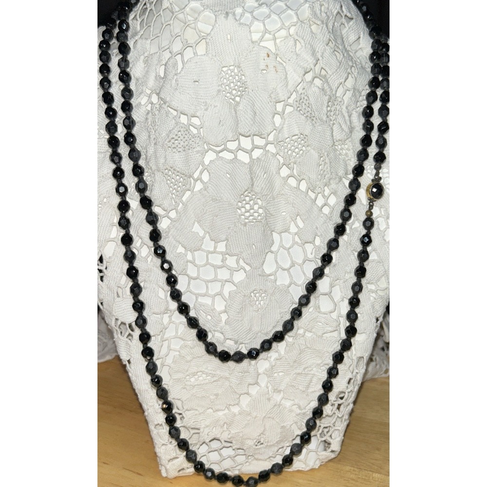 Art Deco Austrian Jet Black Faceted Glass Beaded 53" Necklace Flapper #656